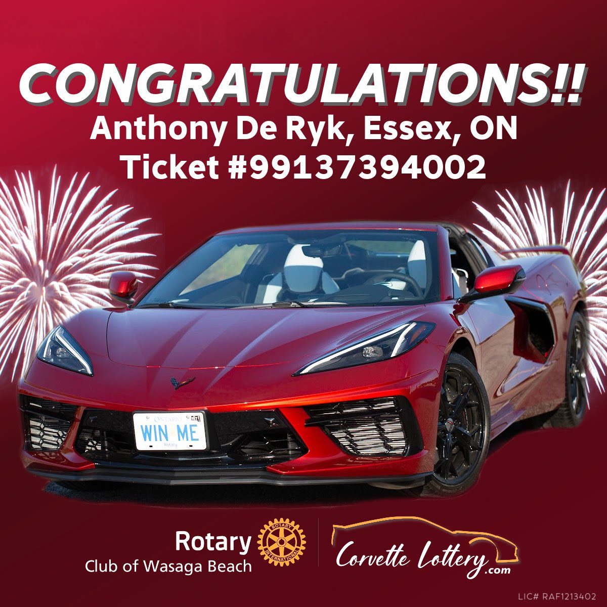 Rotary Club of Wasaga Beach Corvette Lottery Winner 2021