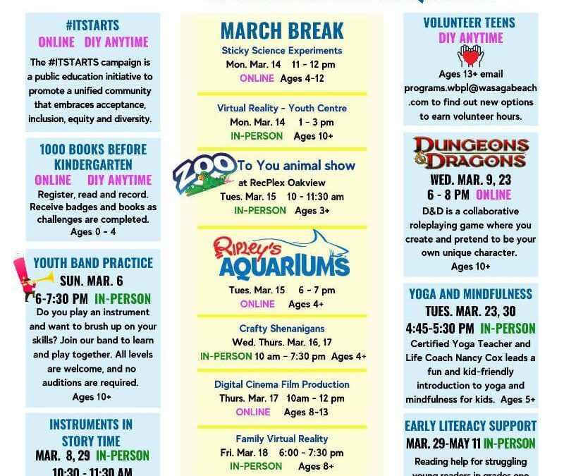 Wasaga Beach Library March 2022 Programs For Kids and Adults